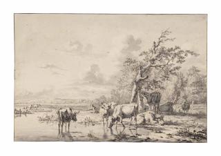 Jan Kobell Ii - Cattle and sheep resting and watering beside a river