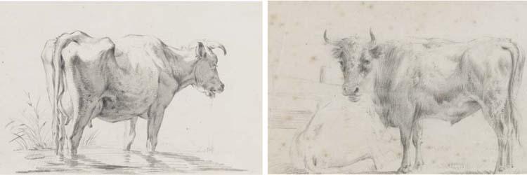 Jan Kobell - A Cow, Seen From Behind, Standing In A Stream; And Two Cows By A Fence