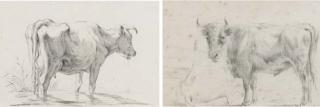 Jan Kobell - A Cow, Seen From Behind, Standing In A Stream; And Two Cows By A Fence