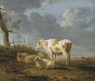 Jan Kobell - A pastoral landscape with a cow and sheep by a tree