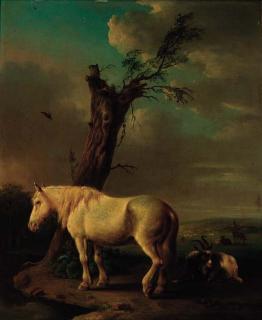Jan Kobell - A pony, goat and resting cattle in a landscape