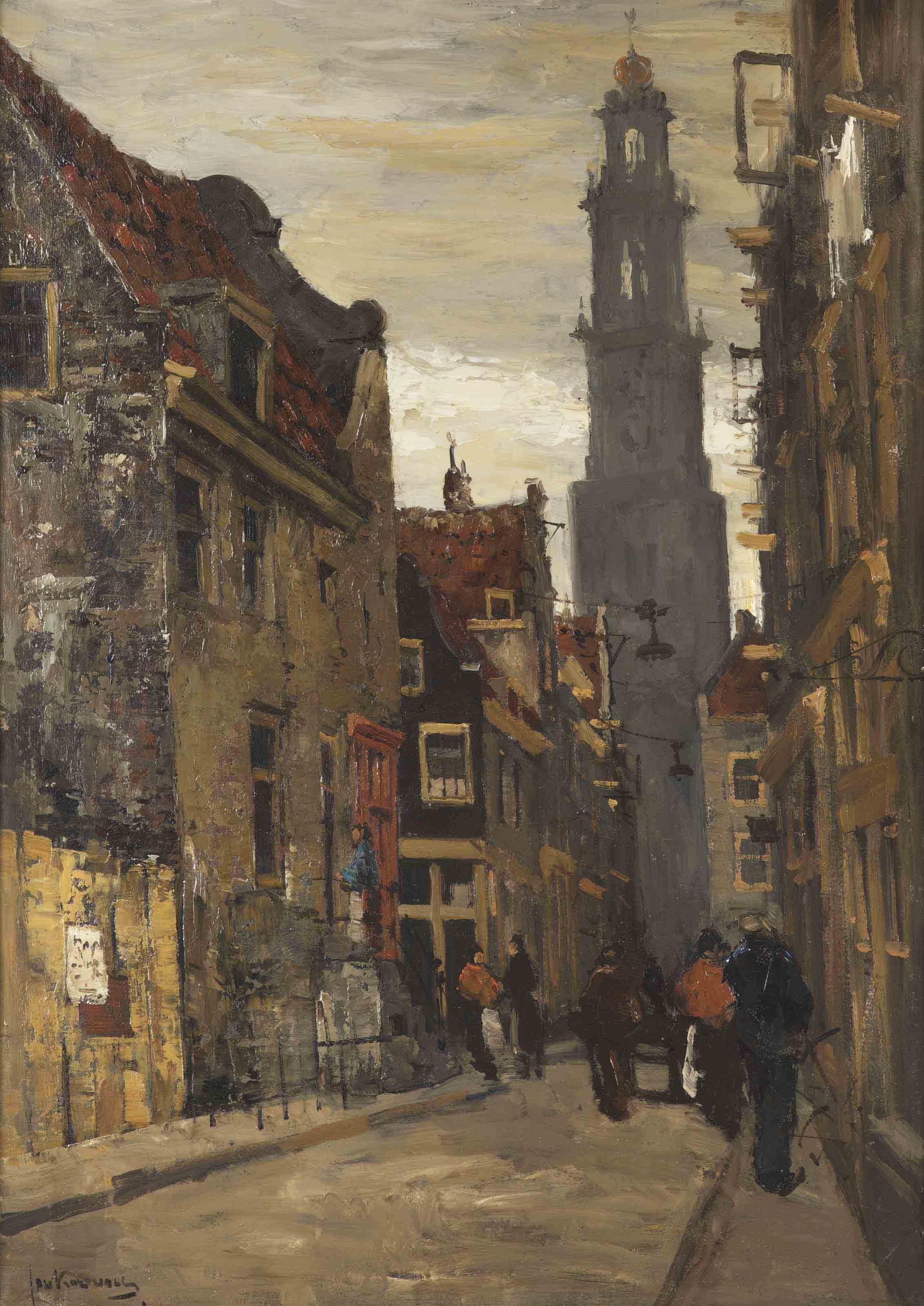 Jan Korthals - A busy street, the Westertoren beyond, Amsterdam