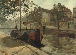 Jan Korthals - A Moored Boat In An Amsterdam Canal