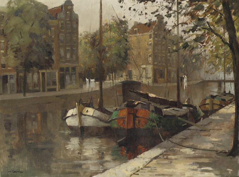Jan Korthals - Moored boats in an Amsterdam canal