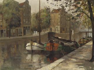 Jan Korthals - Moored boats in an Amsterdam canal
