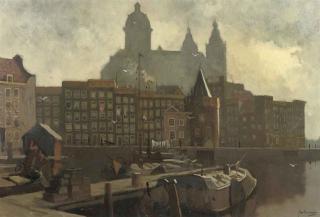 Jan Korthals - View of the Prins Hendrikkade with the Schreierstoren and the St. Nicolaas church beyond, Amsterdam
