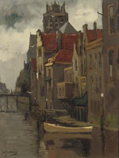 Jan Korthals - Voorstraathaven, Dordrecht: a canal with the Grote Kerk in the distance