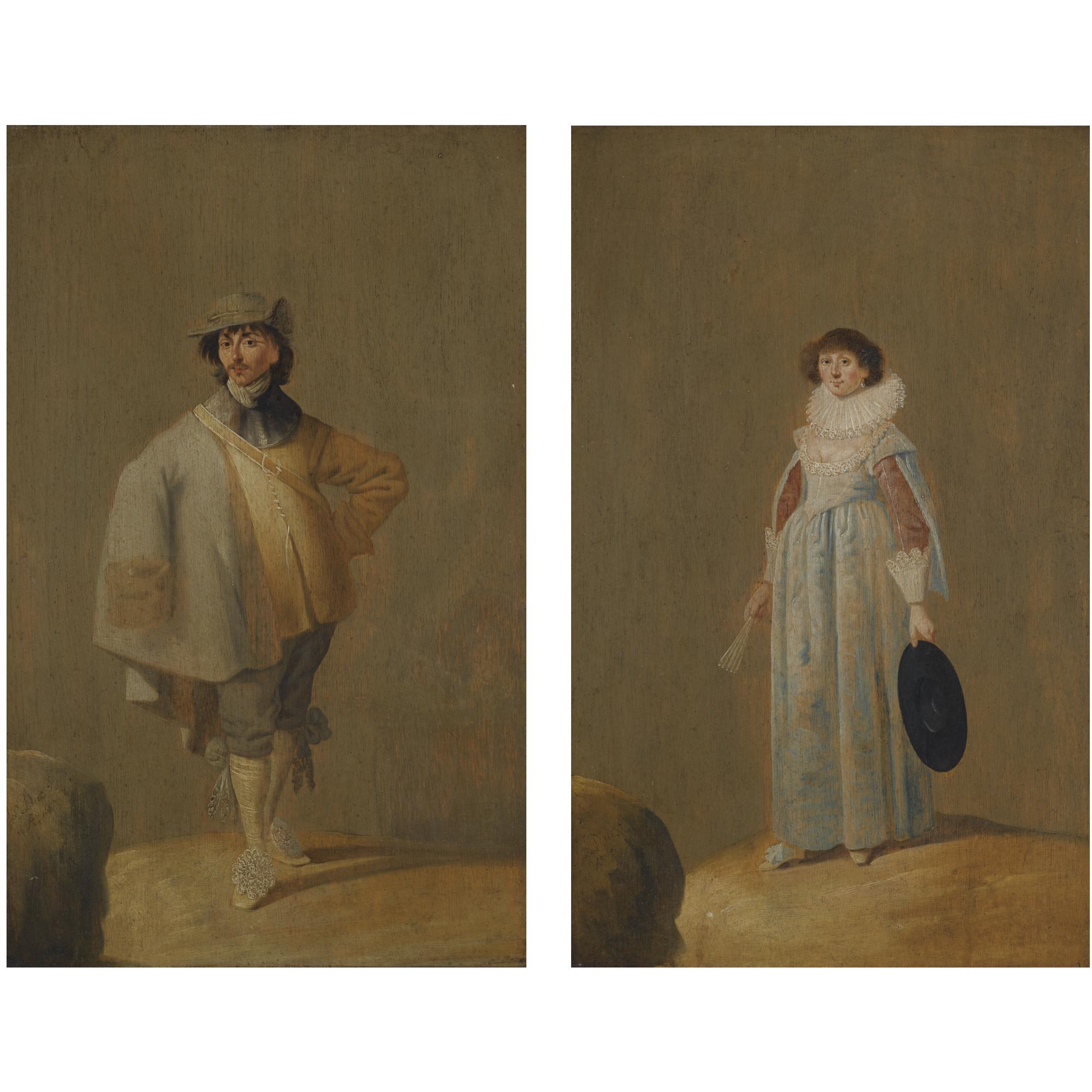 Jan Le Ducq - A Portrait Of A Gentleman, Full Length, Wearing A Hat And A Fur Trimmed Cape; A Portrait Of A Lady, Full Length, In A Blue Dress With A Lace Ruff
