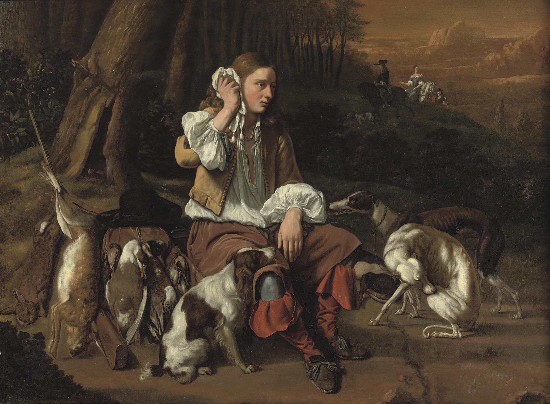 Jan le Ducq - A young hunter at rest in a landscape
