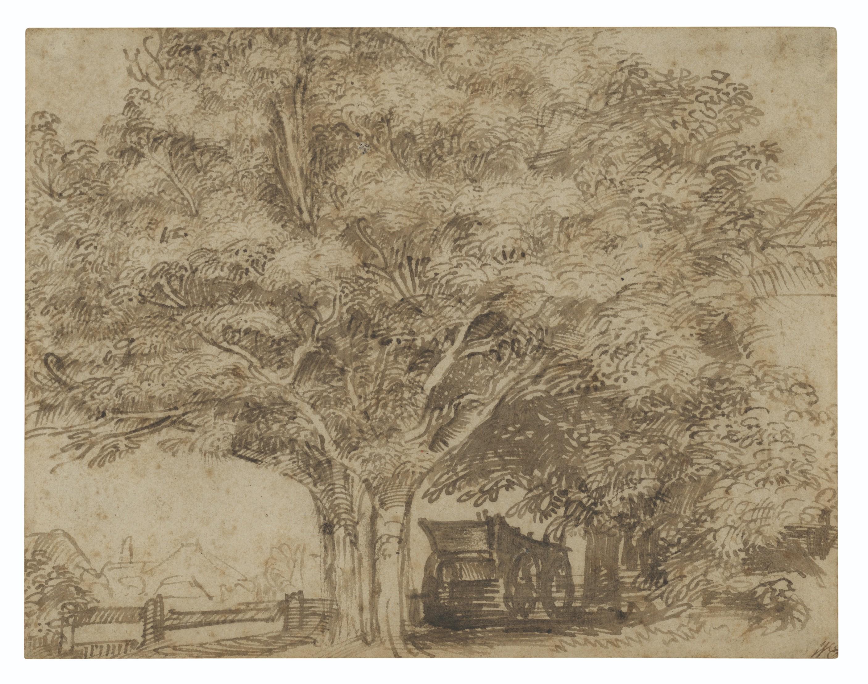 Jan Lievens - A haywain under trees, with farm buildings to the right and beyond at left