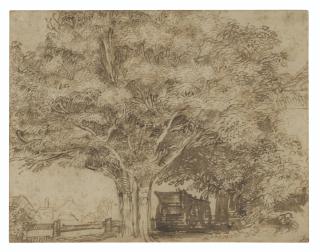 Jan Lievens - A haywain under trees, with farm buildings to the right and beyond at left