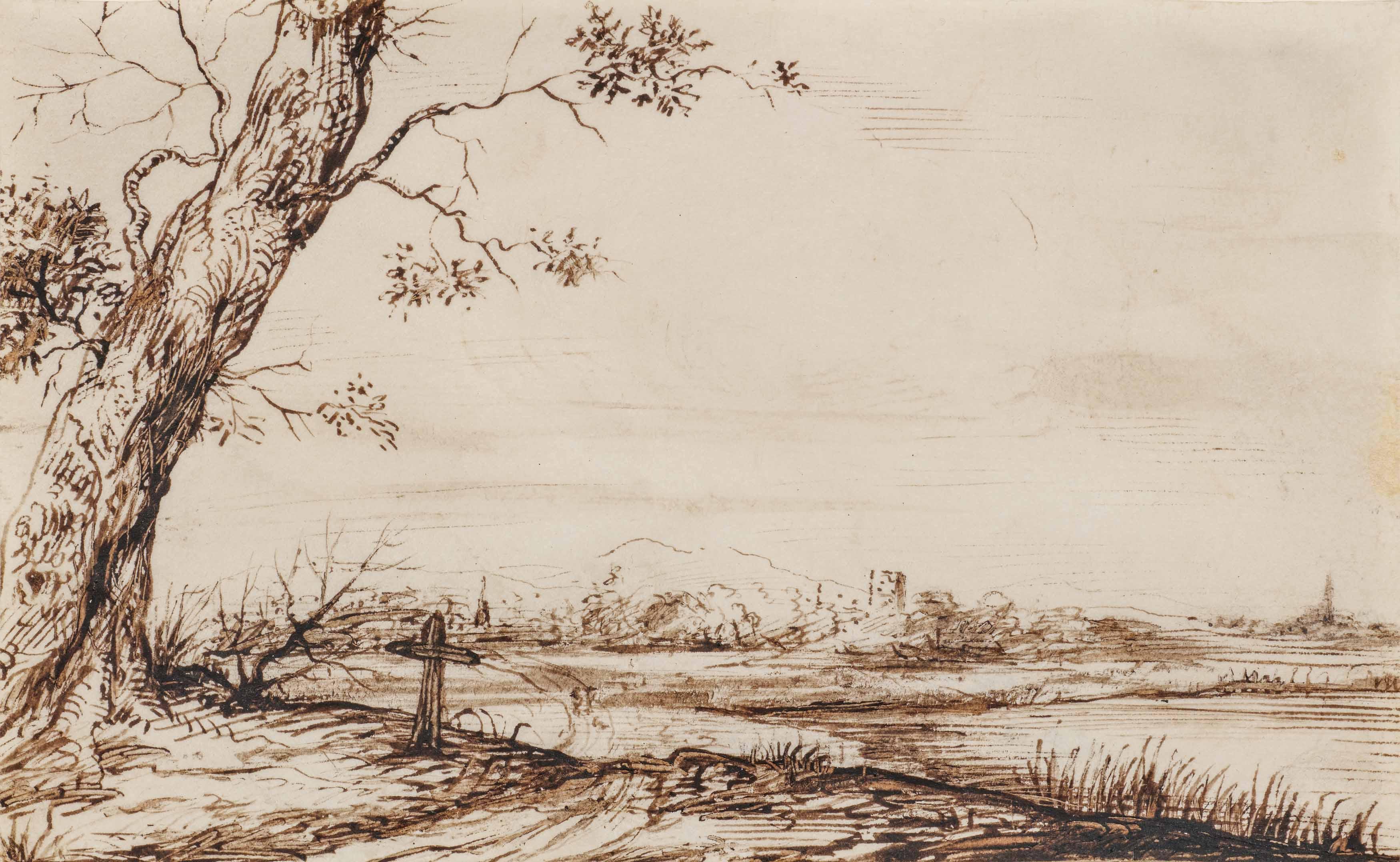 Jan Lievens - Flusslandschaft mit Baum und Kreuz.