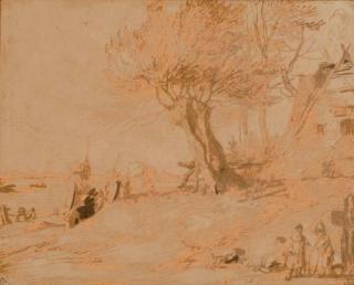 Jan Lievens - Personnages sous un arbre au bord de l\'eau, une chaumière sur la droite