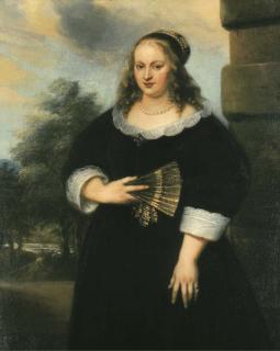 Jan Lievens - Portrait of a Lady, three-quarter-length, in a black dress with a white lace collar and cuffs, a fan in her right hand, a garden beyond