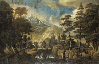 Jan Looten - A Mountainous Wooded Landscape With A Wooden Bridge Over A River