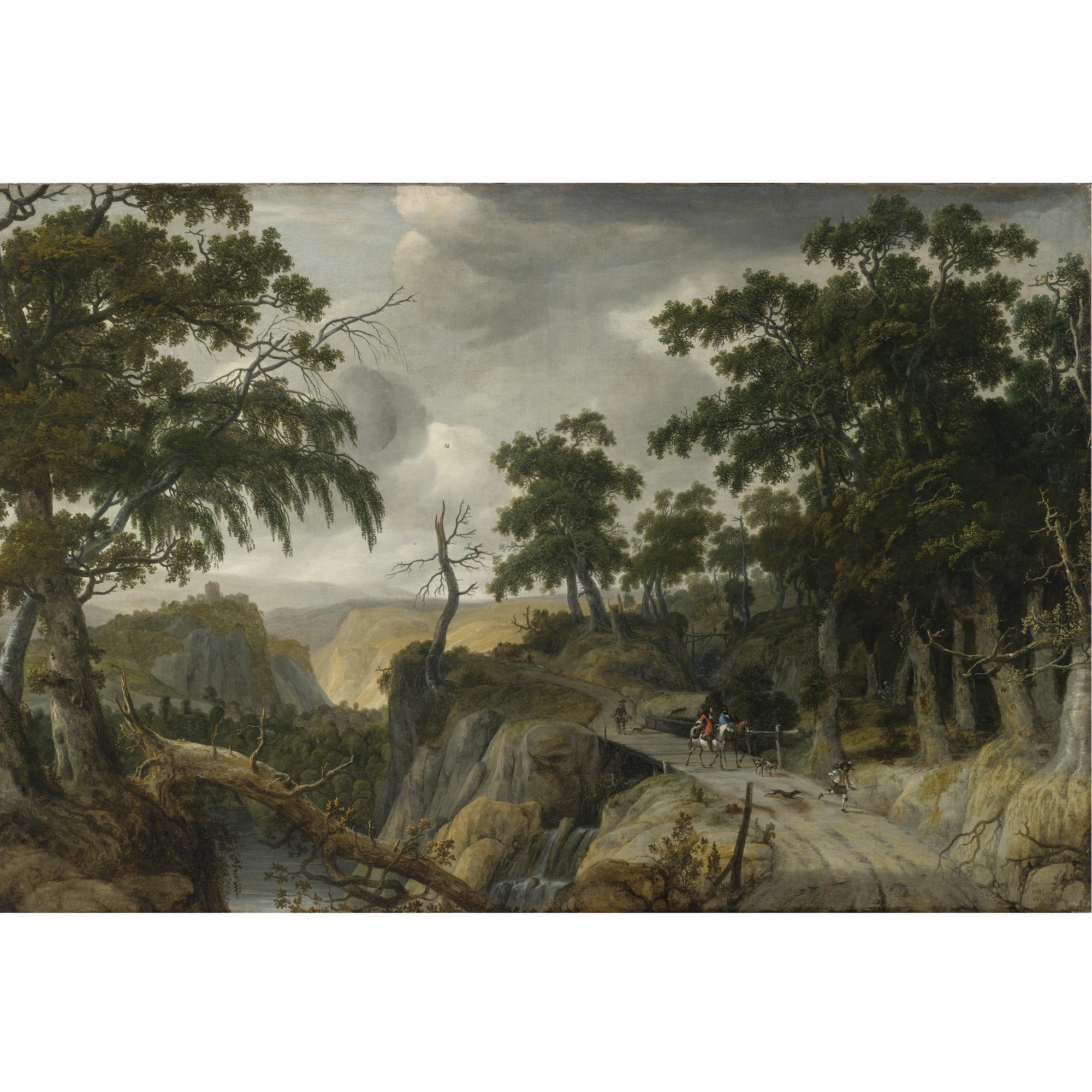 Jan Looten - A Rocky Wooded River Landscape With Travelers Along A Path