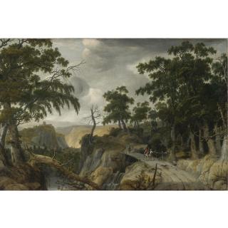 Jan Looten - A Rocky Wooded River Landscape With Travelers Along A Path