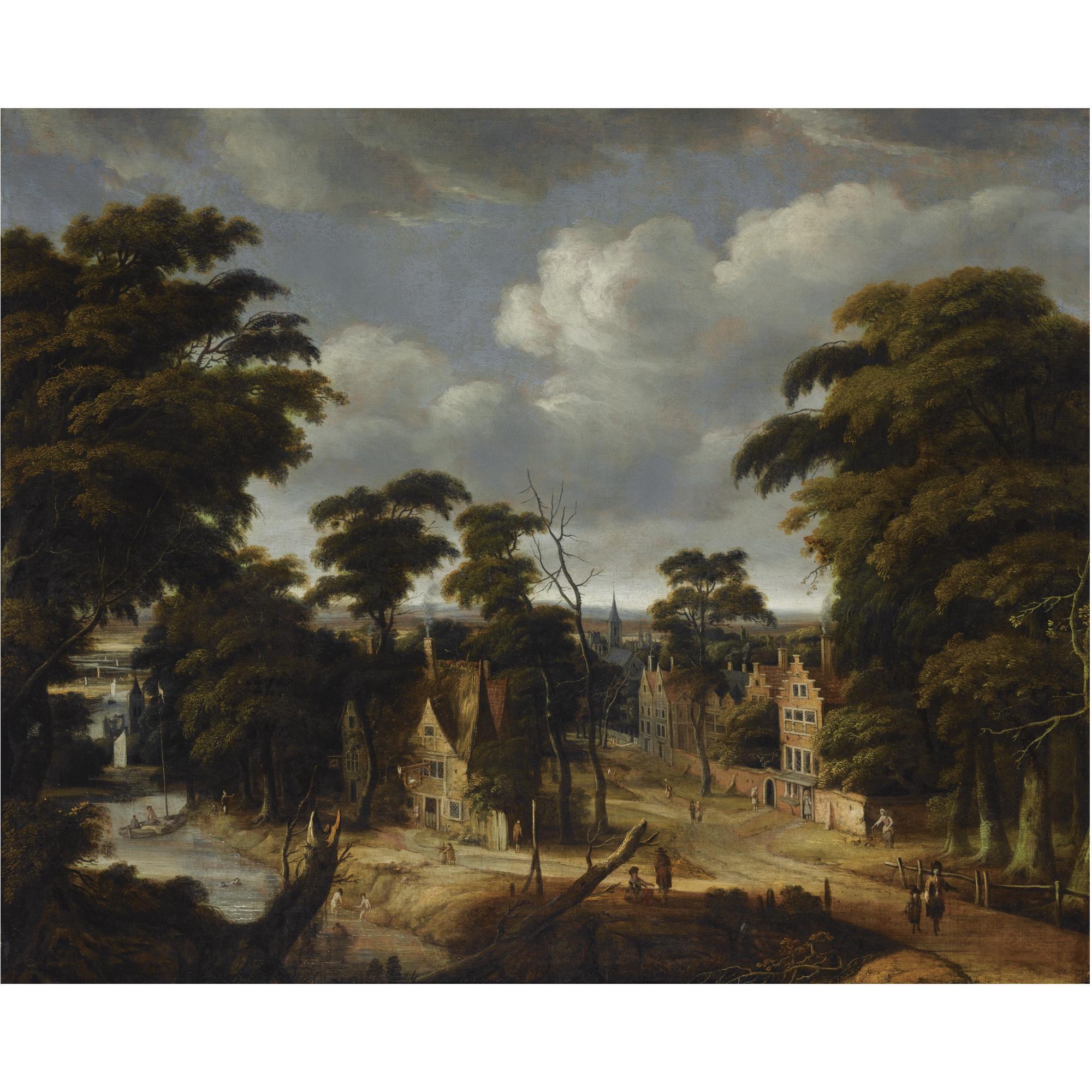 Jan Looten - A View Of A Village In A Forest Landscape, With An Inn On The Banks Of A River And Figures Bathing On The Left, Other Figures On A Path, A Church Tower Beyond