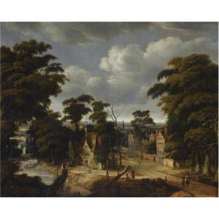 Jan Looten - A View Of A Village In A Forest Landscape, With An Inn On The Banks Of A River And Figures Bathing On The Left, Other Figures On A Path, A Church Tower Beyond