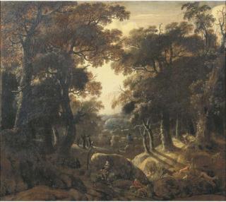 Jan Looten - A wooded landscape at dawn with a stag hunt