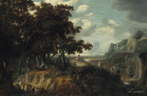 Jan Looten - A wooded landscape with sportsmen returning from the hunt, a castle in a gorge beyond