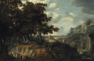 Jan Looten - A wooded landscape with sportsmen returning from the hunt, a castle in a gorge beyond