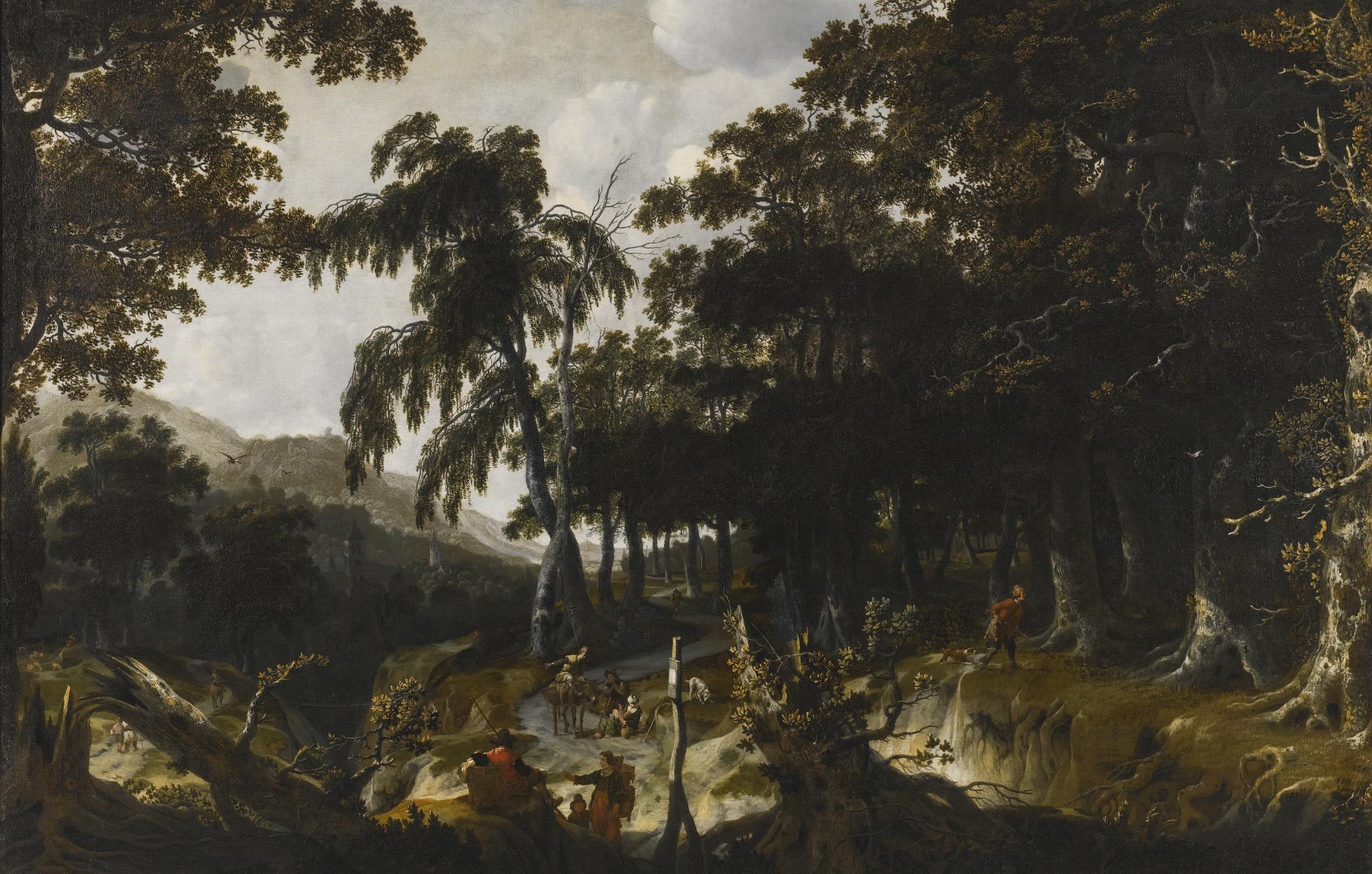 Jan Looten - A Wooded Landscape With Travellers And Huntsmen On A Path