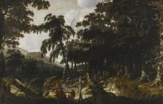 Jan Looten - A Wooded Landscape With Travellers And Huntsmen On A Path