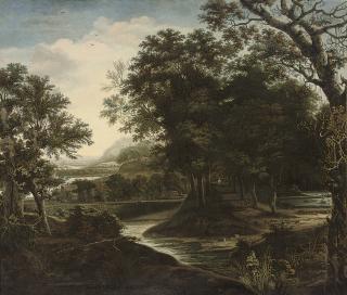 Jan Looten - A wooded river landscape with a traveller on a track