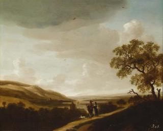 Jan Looten - An extensive river landscape with an elegant couple halted on a track