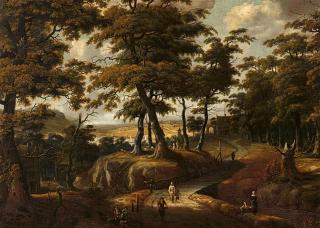 Jan Looten - Bewaldete Landschaft mit Gewässer im Hintergrund und Figurenstaffage