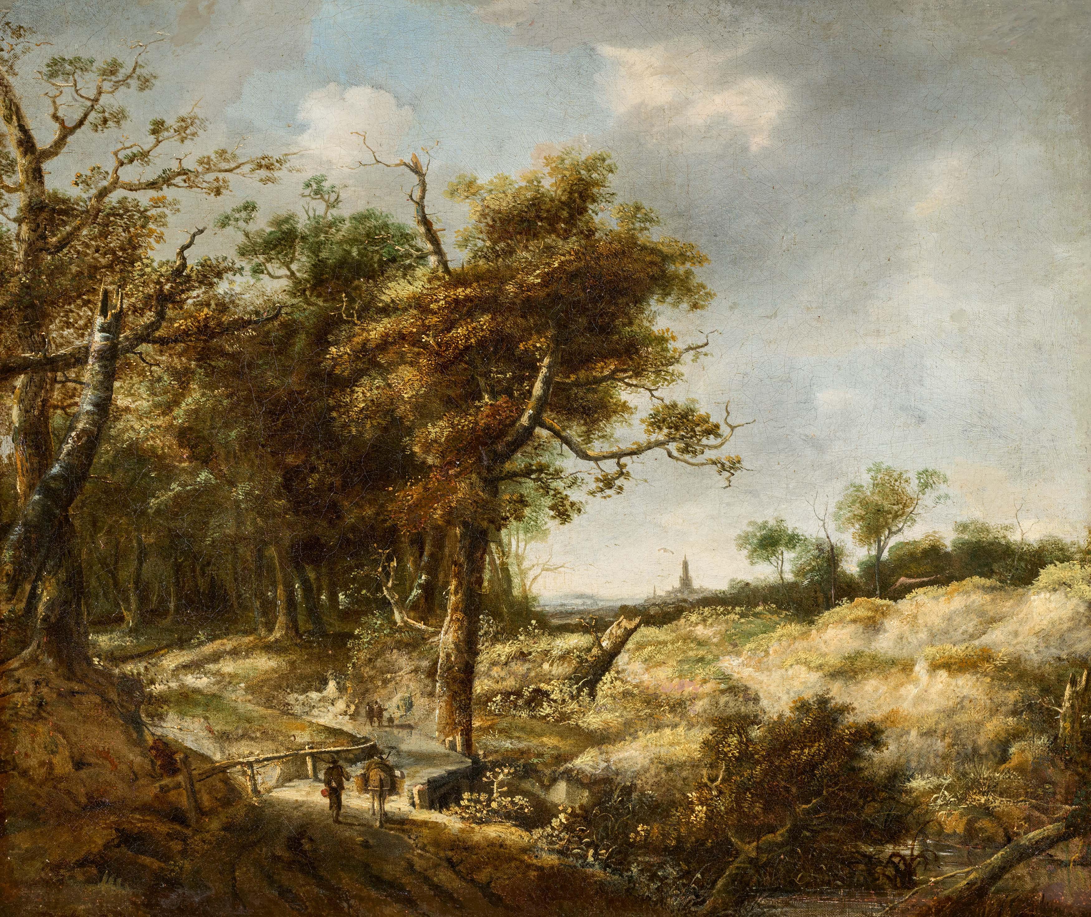 Jan Looten - Dünenlandschaft mit Personen auf einem Waldweg.