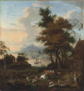 Jan Ludewick de Wouters - A wooded river landscape with herdsmen resting with their cattle and sheep, cottages beyond