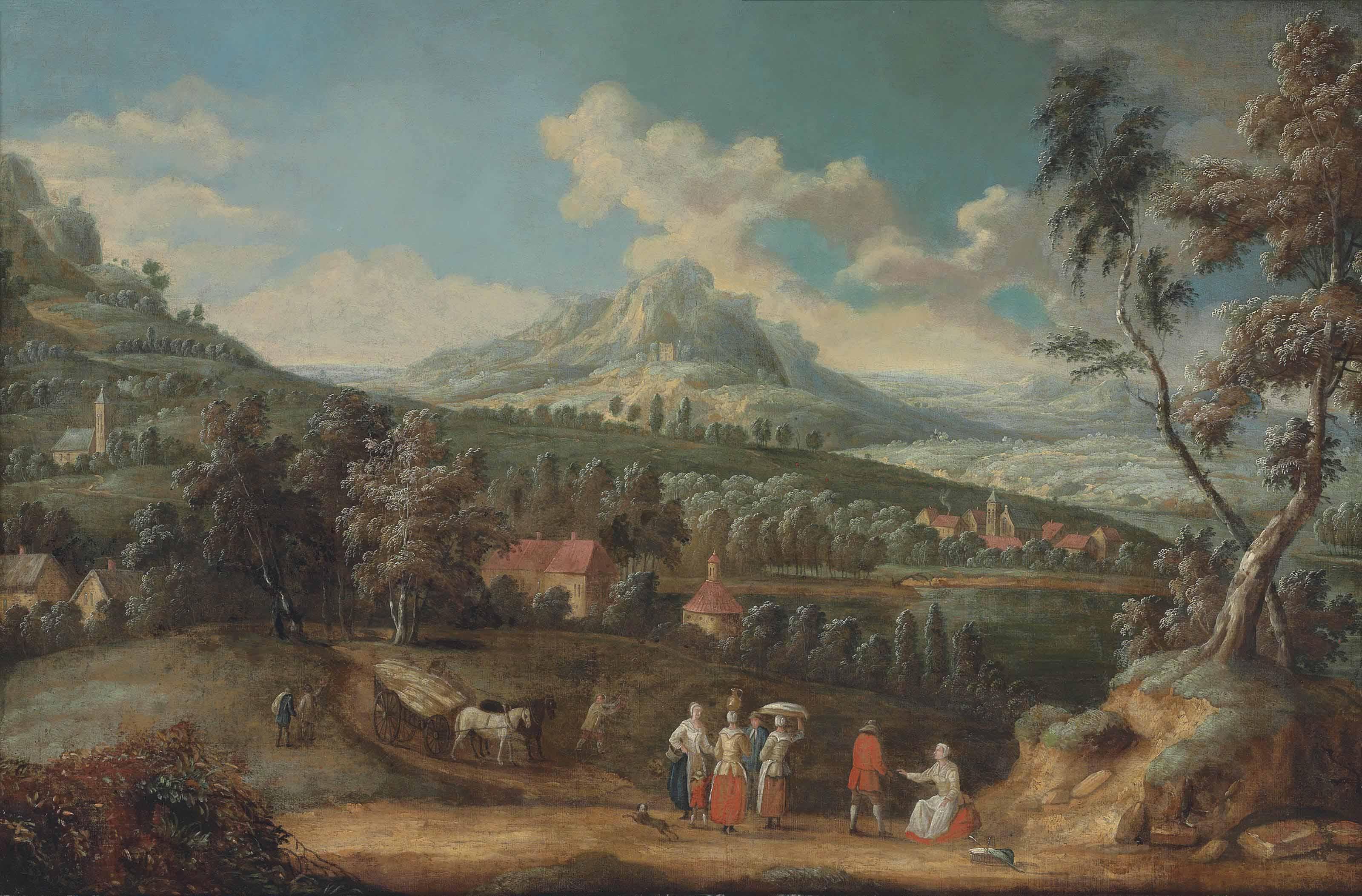 Jan Ludewick De Wouters - An extensive mountainous landscape with figures conversing and horses pulling a hay wagon on a path, a village beyond