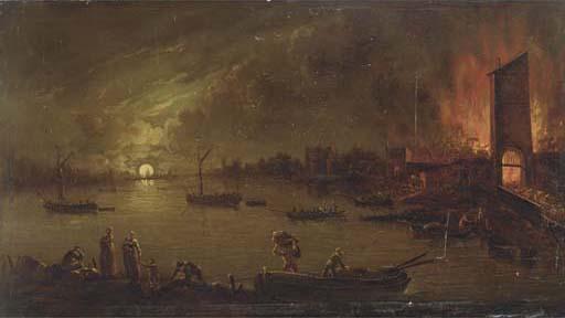 Jan Ludewick Wouters - A moonlit riverside town on fire