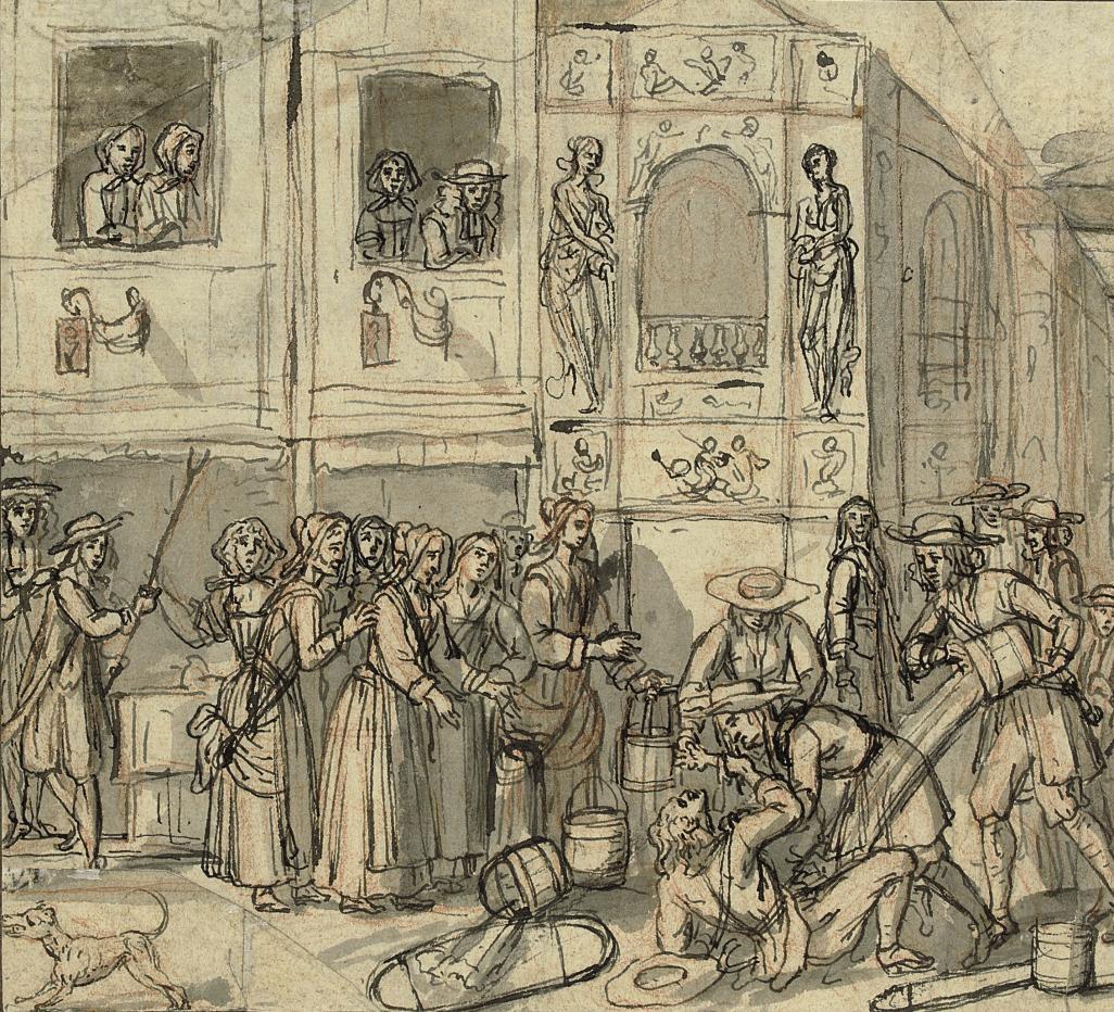 Jan Luyken - A theatrical scene: a man soaked in water from a bucket