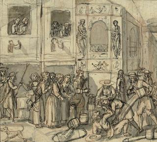 Jan Luyken - A theatrical scene: a man soaked in water from a bucket