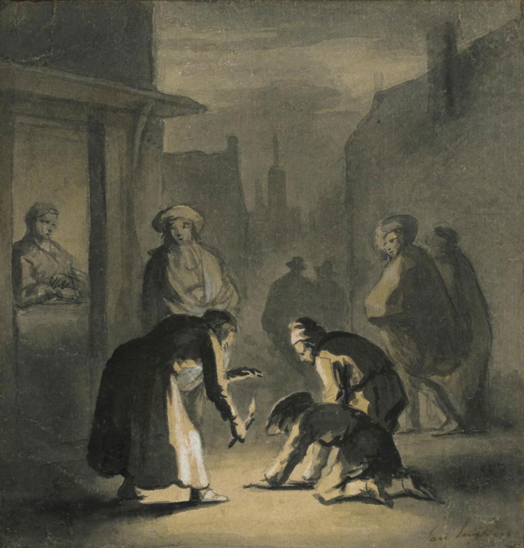 Jan Luyken - Figures gathered in a street at night