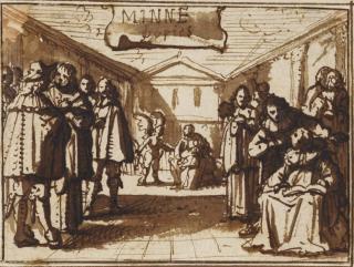 Jan Martszen de Jonge - Design For A Title Page: Ladies And Gentlemen Flanking A Scene Of The Annunciation On A Stage