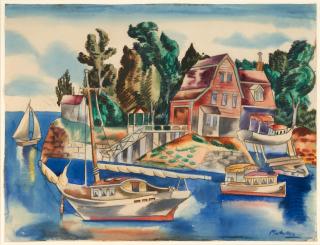 Jan Matulka - Boats on the Bay 15 1/4 x 20 in. framed 27 x 31 1/2 x 1 in.