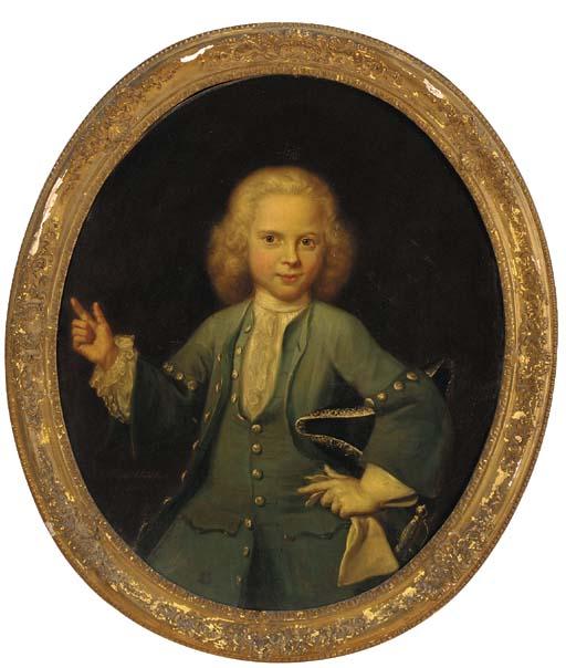 Jan Maurits Quinkhard - Portrait Of A Boy, Half-Length, In A Blue Coat And Waistcoat, His Hat Under His Left Arm