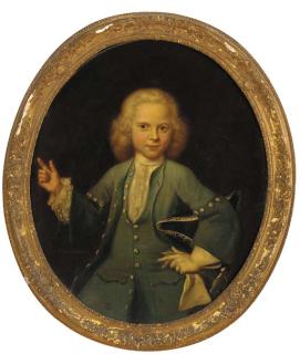 Jan Maurits Quinkhard - Portrait Of A Boy, Half-Length, In A Blue Coat And Waistcoat, His Hat Under His Left Arm