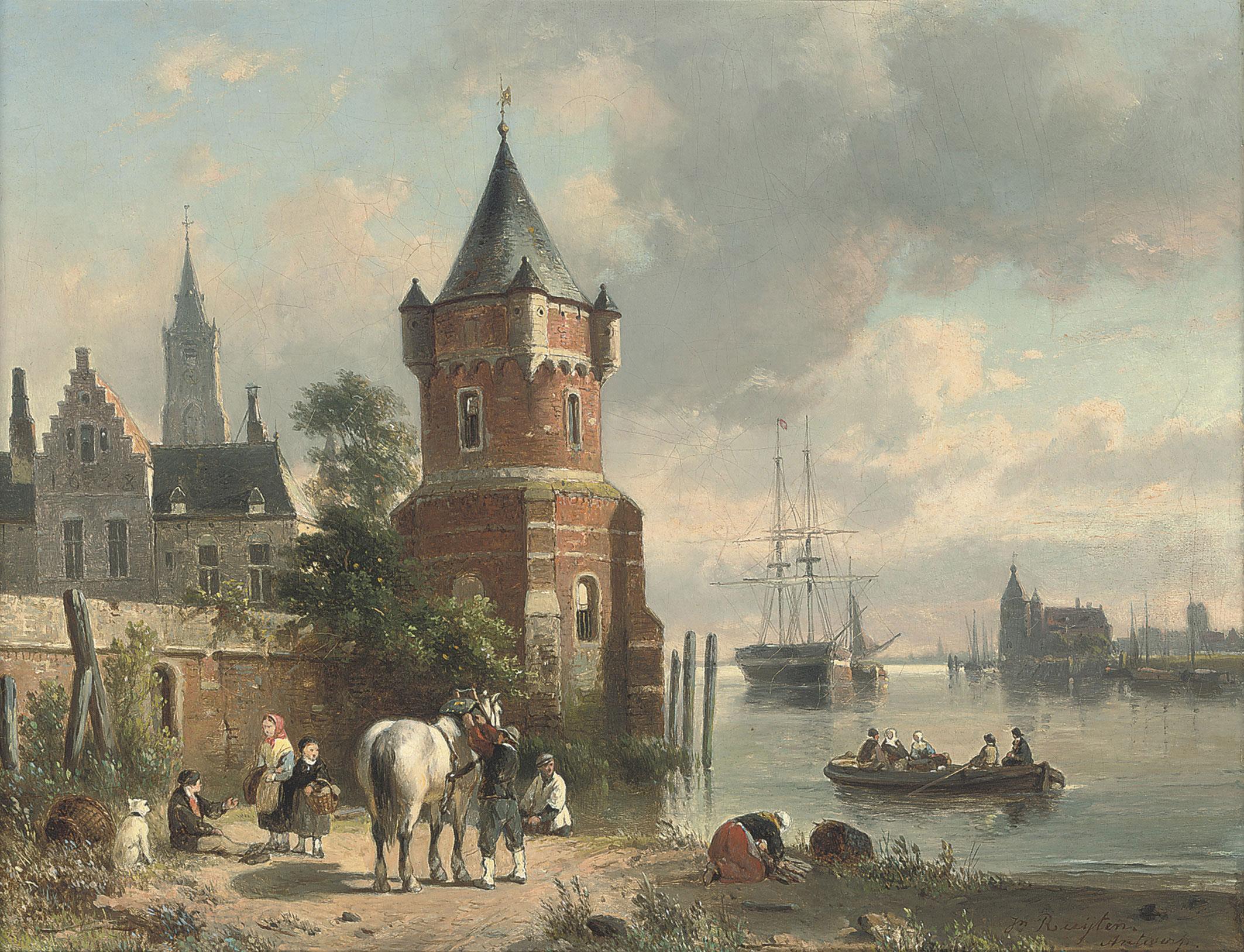 Jan Michael Ruyten - A coastal inlet with figures and a horse before a tower, a ferry beyond