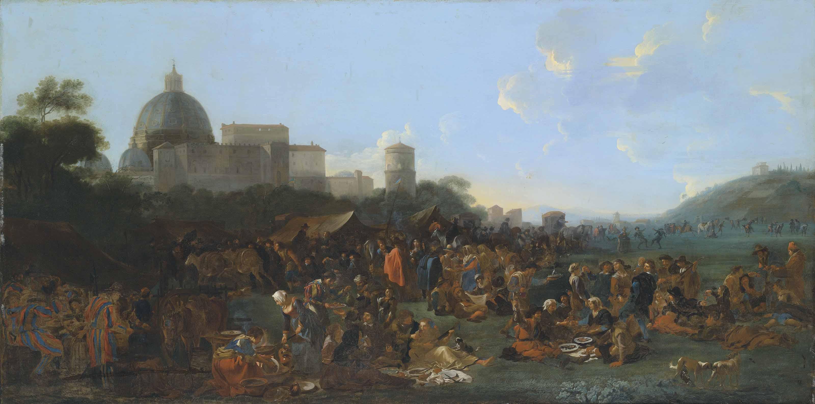 Jan Miel - Figures feasting at a fair in Prati, outside the walls of Rome, with the Basilica di San Pietro and Monte Mario beyond