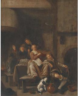 Jan Mienese Molenaer - A tavern interior with a peasant woman playing the violin and other peasants singing