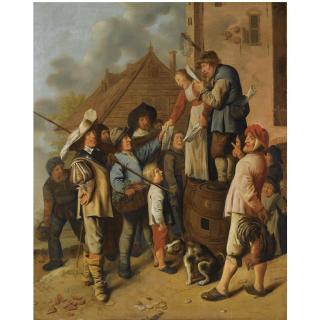 Jan Miense Molenaer - A Man And A Woman Standing On Barrels Reading A Newspaper Out Loud, Surrounded By A Group Of Figures, Outside A Tavern