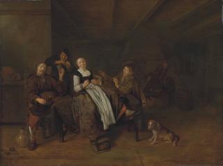 Jan Miense Molenaer - A merry group of figures sitting in a barn with a dog, others gathering around a fireplace