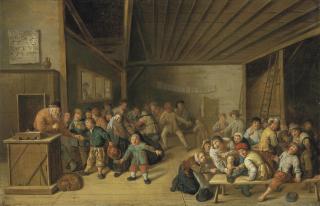 Jan Miense Molenaer - A schoolroom interior, with a teacher at a podium, and pupils merrymaking
