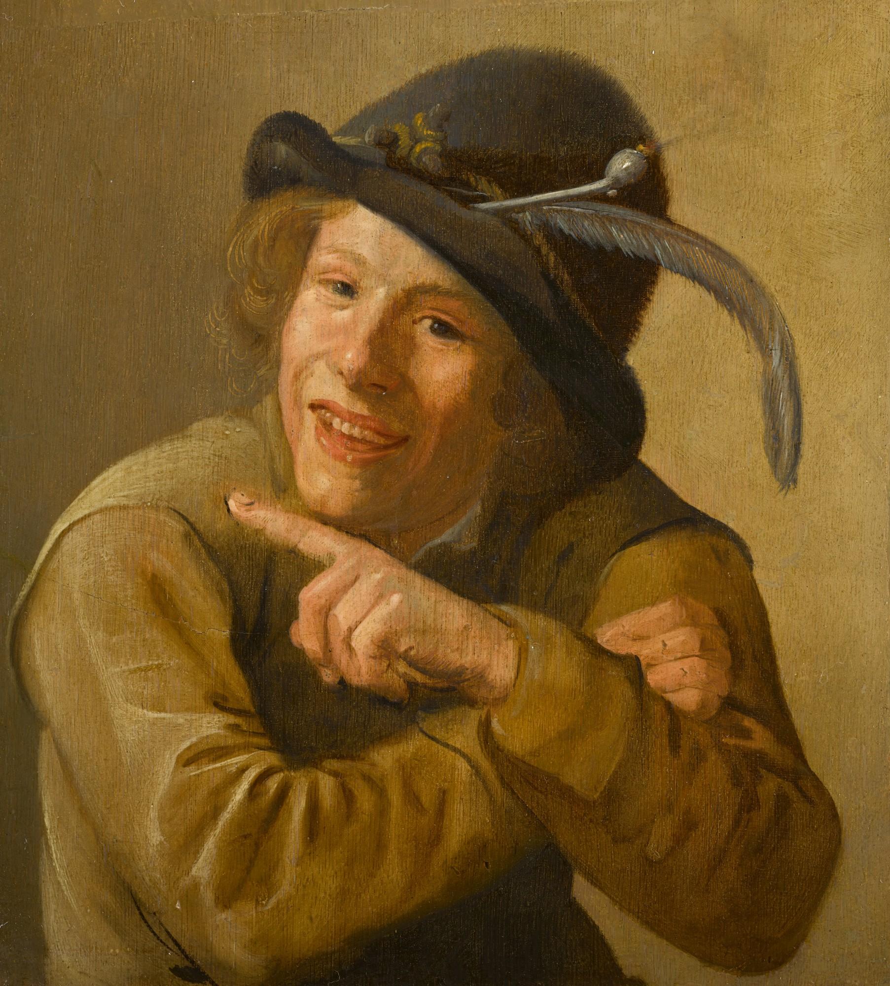 Jan Miense Molenaer - A Smiling Youth Wearing A Black Hat With A Feather And A Clay Pipe In The Brim