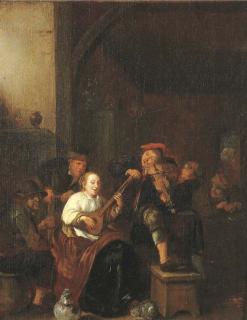 Jan Miense Molenaer - A tavern interior with a woman playing the lute, a man playing the fiddle, and boors drinking and smoking